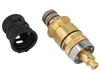 A black plastic fitting and a brass and silver valve assembly are shown against a white background. Produktbild-Vorschau