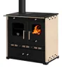 A freestanding wood-burning stove with a black top and front, and ivory-colored sides. It features a glass-doored oven on the left, a firebox with a glass door on the right, and drawers below. A metal handle runs across the top. Produktbild-Vorschau