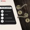 A set of door handles and accessories displayed on a dark wood background, with a list of included items on a black overlay. Produktbild-Vorschau