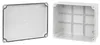 A white plastic electrical enclosure box and its lid are shown separately against a white background. Produktbild-Vorschau