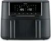 A front view of a black dual-basket air fryer with a digital display. Produktbild-Vorschau