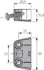 Technical drawing with dimensions of a metal hinge component and a screw. Náhled obrázku produktu