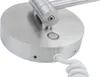 A close-up view of the base of a brushed stainless steel LED lamp, showing a touch control button and a coiled white power cord. Produktbild-Vorschau