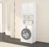 A white washing machine cabinet with two doors and shelves, placed next to a shower in a bathroom. Produktbild-Vorschau