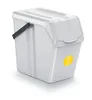 A light gray plastic trash bin with a yellow circular sticker on its side. Náhled obrázku produktu