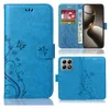 A collage of images showing a blue phone case with a floral and butterfly design. Produktbild-Vorschau