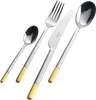 A set of cutlery, including a fork, knife, and two spoons, arranged diagonally on a white background. Produktbild-Vorschau