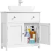 A white bathroom vanity cabinet with a sink on top and its doors open, revealing bottles of toiletries inside. Produktbild-Vorschau