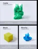 A collage of 3D printed objects (a castle, a block, and a boat) with their respective print times and heights. Produktbild-Vorschau