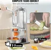 A commercial french fry cutter is shown in use, with text overlays highlighting its speed and efficiency. A smaller inset image shows someone manually slicing cucumbers. Náhled obrázku produktu