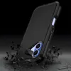 A black phone case is shown in a dramatic, falling pose, with debris scattering around it to emphasize its protective qualities. Produktbild-Vorschau