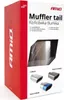 The image shows the packaging of a muffler tail product. The packaging is predominantly red and white, with the product name and various language translations visible. There are also smaller images of the product in different finishes. Anteprima dell’immagine prodotto