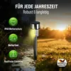 A solar garden light is shown in a split image, with one side depicting rain and the other a sunny field at sunset. Feature callouts are present on the left. Produktbild-Vorschau