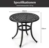 A round, dark brown metal table with a decorative top and three legs, shown against a white background with dimensions indicated. Podgląd zdjęcia produktu