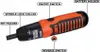 A diagram of a Black & Decker electric screwdriver with labels pointing to its various parts. Produktbild-Vorschau