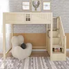 A loft bed with stairs and storage, set up in a child's room with a chair and rug. Náhled obrázku produktu