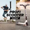 A split image showing a person performing a stunt on a scooter on the left and a close-up of a scooter on the right, with marketing text overlayed. Produktbild-Vorschau