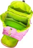 An open pink backpack with white stars, showing its interior compartments filled with green folders. Náhled obrázku produktu