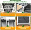 A collage of four images showcasing different features of a garden cabinet. Produktbild-Vorschau