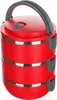 A red, three-tiered food container with a gray handle, shown against a white background. Voir les images du produit