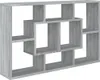 A gray wooden geometric shelf unit against a white background. Voir les images du produit