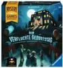 The image shows the box art for a board game titled 'Mystery Games – Der verfluchte Geburtstag'. It features a spooky mansion on a hill under a full moon, with several figures gathered at the entrance. Produktbild-Vorschau