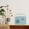 A retro-style blue radio sits on a wooden shelf next to decorative plants and vases. Produktbild-Vorschau