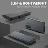 A marketing image showcasing a black leather phone case with multiple views and descriptive text. Produktbild-Vorschau