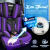 A purple and black child car seat with a graphic overlay highlighting cleaning features. Náhľad obrázku produktu