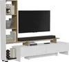 A white entertainment center with a TV, soundbar, and decorative items. Náhled obrázku produktu