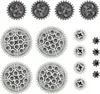 A collection of LEGO Technic gears of various sizes and colors, arranged on a white background. Produktbild-Vorschau