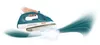 A hand holding a teal and white Tefal iron, emitting steam. Produktbild-Vorschau