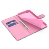 An open wallet-style phone case with cards and cash inserted, and a pink phone holder inside. Produktbild-Vorschau