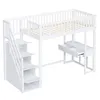 A white loft bed with stairs and a desk, shown against a white background. Podgląd zdjęcia produktu