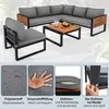 A sectional outdoor furniture set with a coffee table, shown with close-up detail shots of the fabric and cushions. Anteprima dell’immagine prodotto