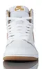 A front view of a white Nike Air Jordan 1 Retro Hi sneaker with gold accents and a gum sole, set against a white background. Podgląd zdjęcia produktu