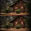 A rustic log cabin in a forest setting at dusk, illuminated by outdoor wall lights. Anteprima dell’immagine prodotto