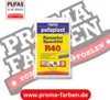 A bag of Pufas Pufaplast R40 Renovier-Spachtel is shown in the center of the image, with large, stylized text in the background. Produktbild-Vorschau