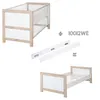 A collage showing a crib, conversion parts, and a toddler bed, with text and symbols indicating assembly or product information. Anteprima dell’immagine prodotto