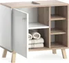 A white and wood-tone bathroom vanity cabinet with one door open, revealing rolled towels inside. Produktbild-Vorschau