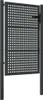 A dark gray metal garden gate with a grid pattern, mounted between two posts. Produktbild-Vorschau