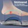 Graue orthopädische Einlage mit blauer Fußgewölbestütze, gezeigt mit einem Fuß, der Druckpunkte und Gewölbetechnologie veranschaulicht Voir les images du produit