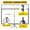 Diagram showing features of an adjustable aluminum tripod projection screen stand. Produktbild-Vorschau