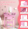 A pink children's vanity table and stool set with a mirror, displayed in a child's room setting. Náhľad obrázku produktu