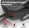 A black car is raised on ramps, with a person's legs visible underneath, suggesting vehicle maintenance. Produktbild-Vorschau
