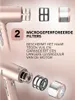 A close-up marketing image of a rose gold hairdryer, highlighting its micro-perforated filters and their benefits. Podgląd zdjęcia produktu