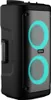 A black trolley speaker with two illuminated aqua rings. Voir les images du produit