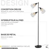 A floor lamp with three cage-style lampshades is shown with descriptive text highlighting its features. Produktbild-Vorschau