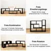 Collage of images showing different configurations and features of a black modular shelving unit. Voir les images du produit
