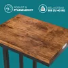 Close-up of a wooden table surface with metal legs, against a teal background. Text overlays highlight product features. Anteprima dell’immagine prodotto
